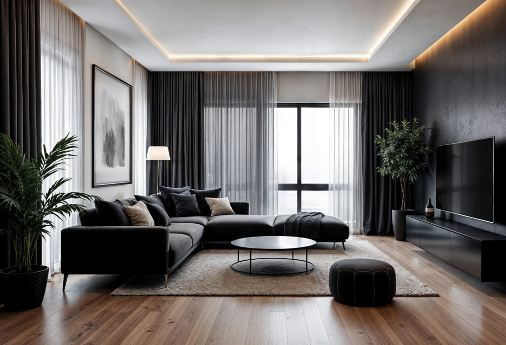 salon moderne et luxueux avec des accents sombres